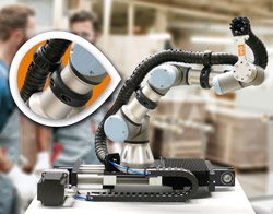 Plastic clamp attaches igus triflex R energy chains to cobots